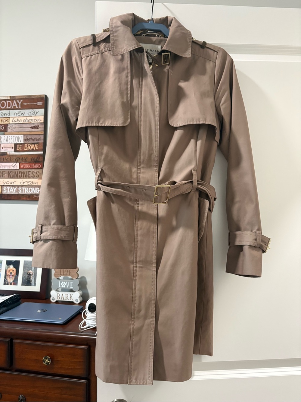 Cole Haan Neutral Taupe Belted Trench Coat